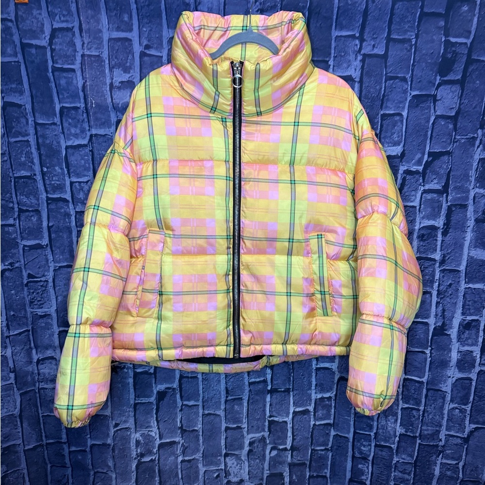 Topshop Yellow Plaid Puffer Coat